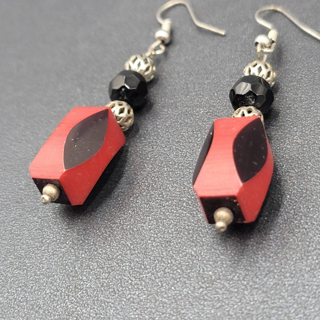 Vintage Pierced Earrings Silver tone Red Black Bead Dangle 1.75"