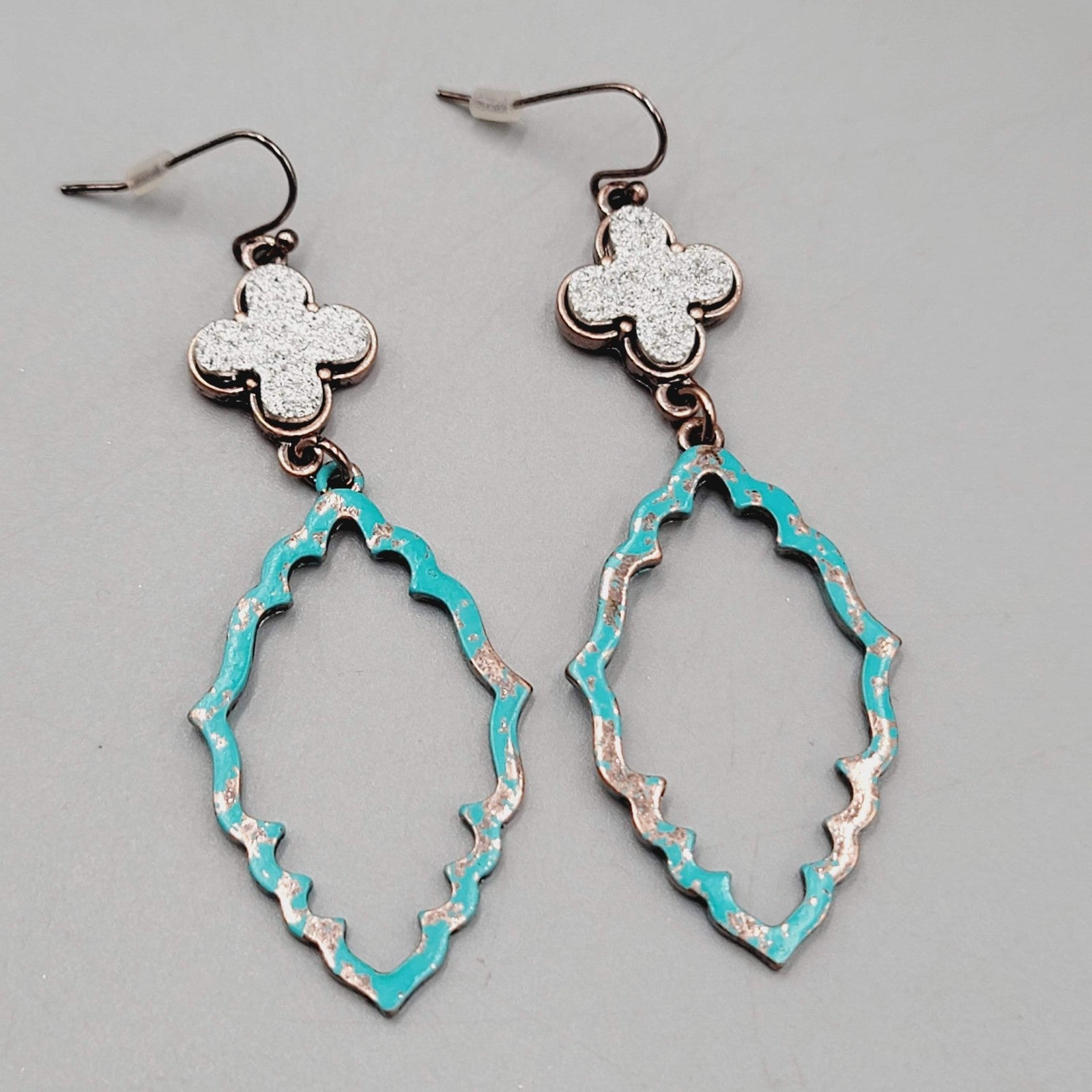 Blue Enamel Patina Dangle Pierced Earrings Silver tone Cross Copper tone 2.5"