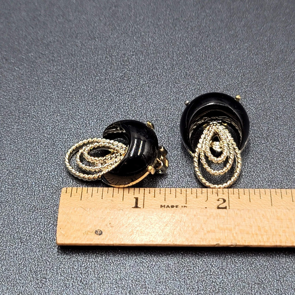 Clip on Earrings Silver tone Black Acrylic Climber MCM 1.25"