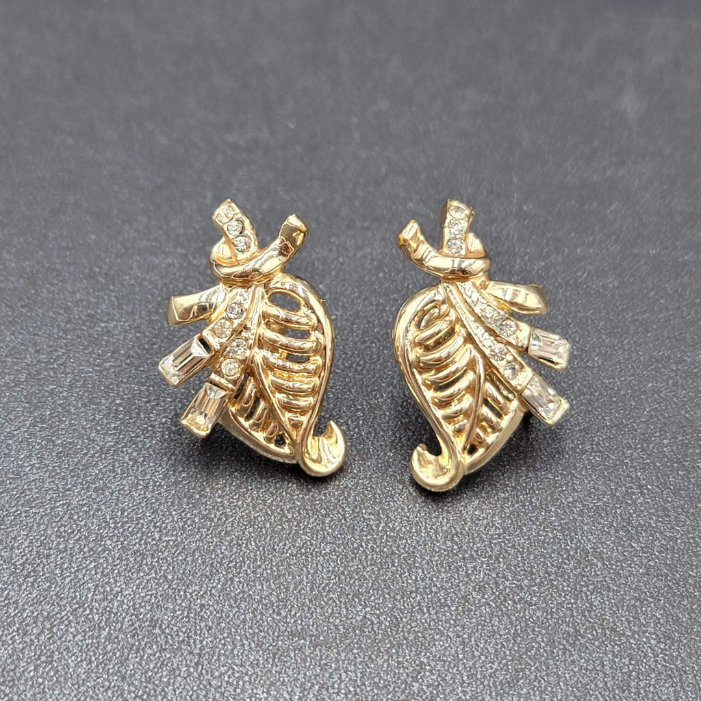 Vintage Clip on Earrings Gold tone Rhinestone Leaf Design Drop Screw Back 1.25"