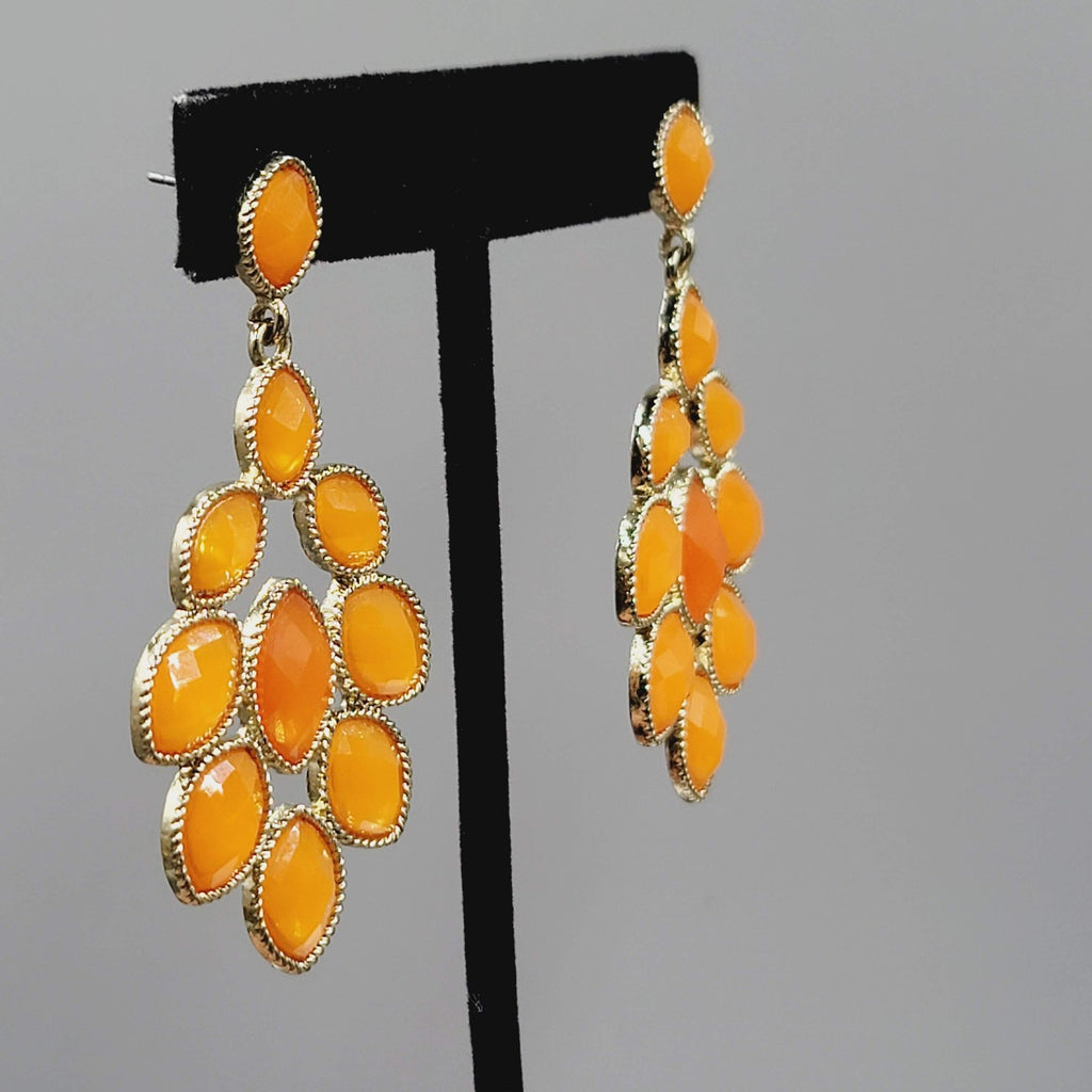 Statement Dangle Pierced Earrings Gold Tone Faceted Orange Bold Costume 2.5"