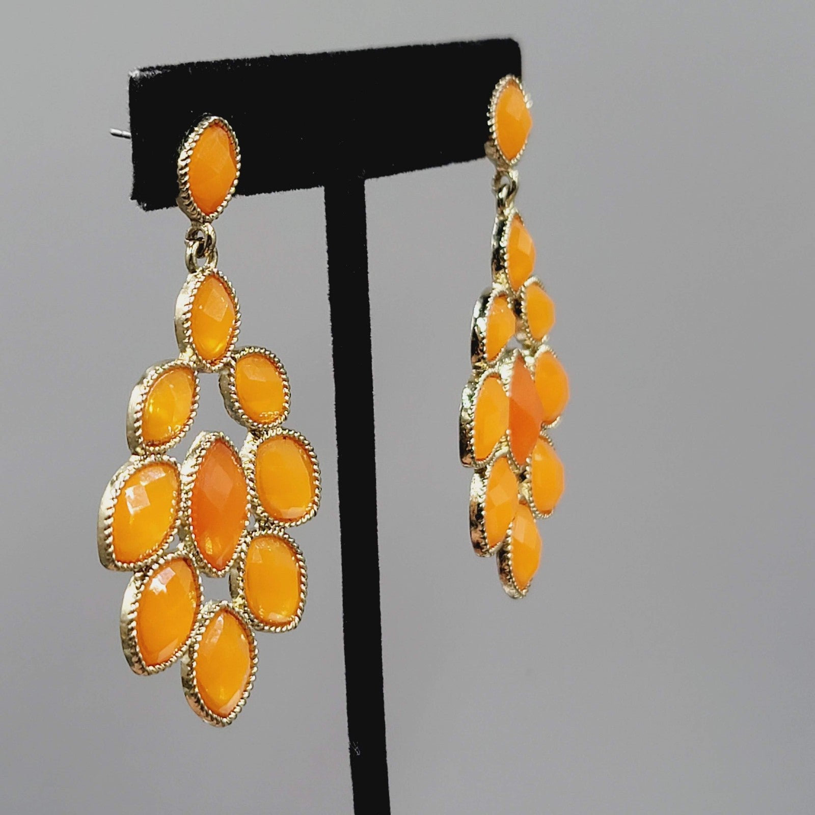 Statement Dangle Pierced Earrings Gold Tone Faceted Orange Bold Costume 2.5"