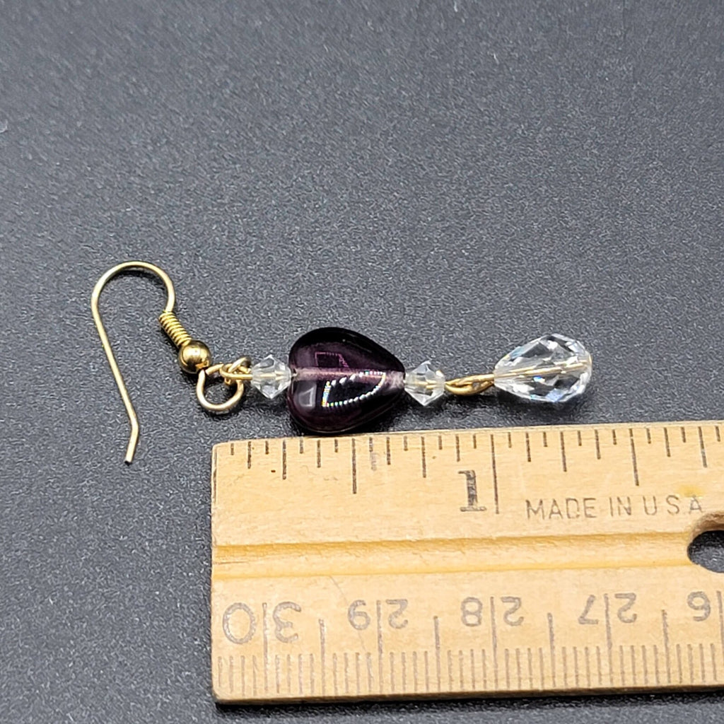 Pierced Earrings Gold tone Purple Glass Heart Bead Clear Crystals 1.5"