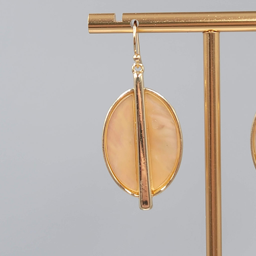 Oval Pierced Earrings Gold tone Dangle Peach Iridescent 1.5"