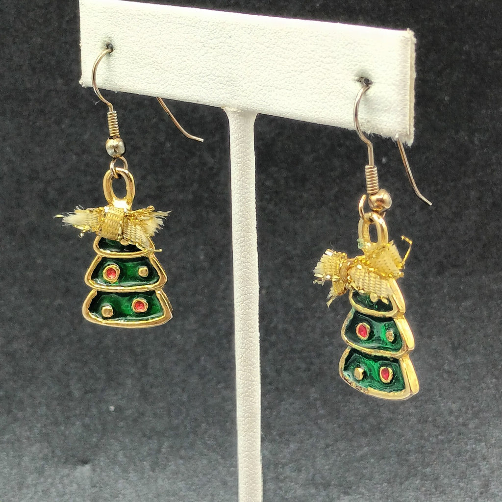 Pierced Earrings Gold tone Green Enamel Christmas Tree Bow Dangle 1"