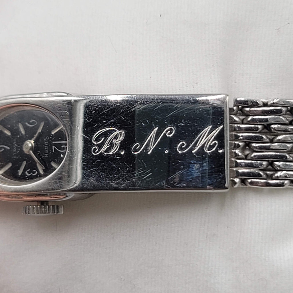 Vtg Swank 17 Jewels Sterling Silver Band Womens Watch Monogram BNM UNTESTED