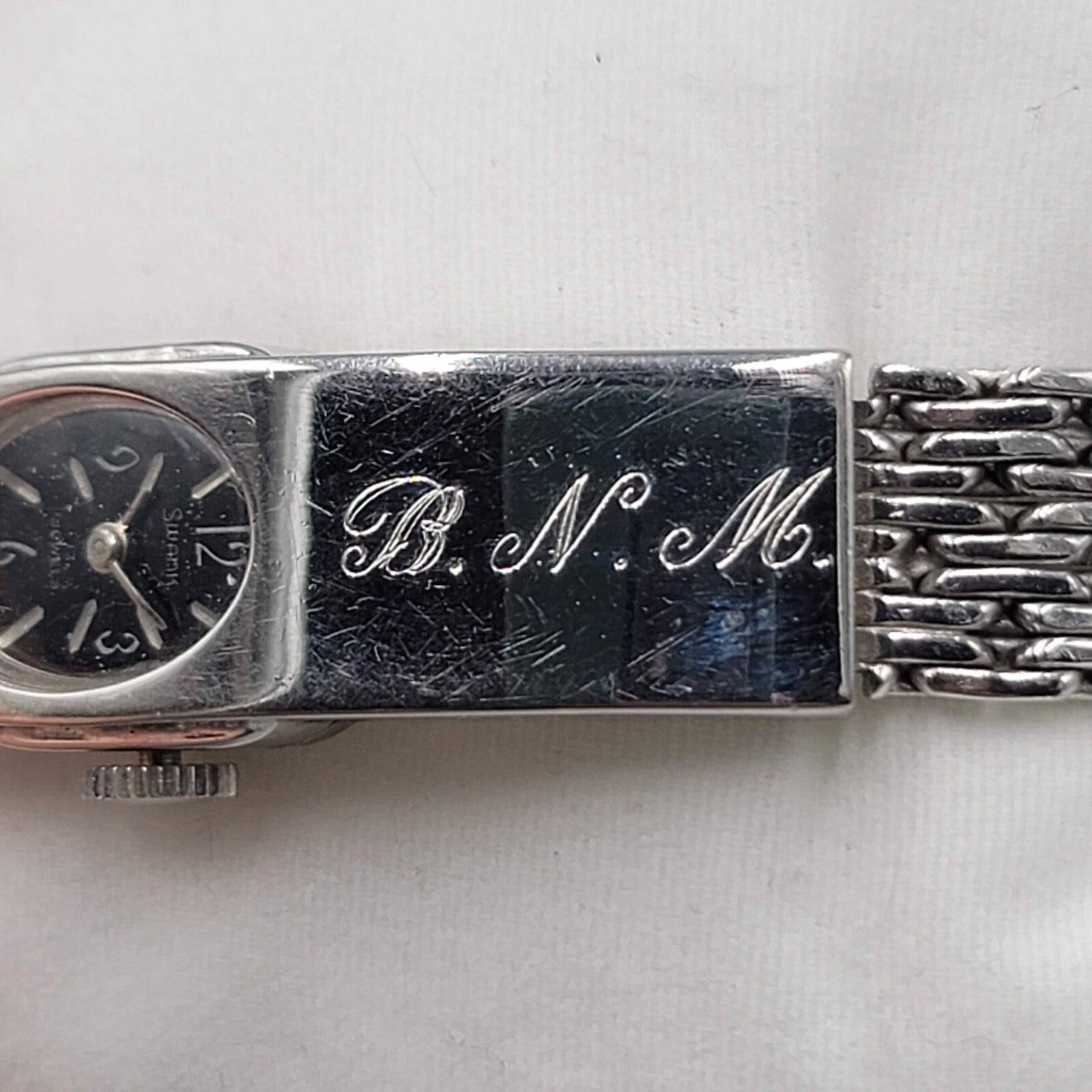 Vtg Swank 17 Jewels Sterling Silver Band Womens Watch Monogram BNM UNTESTED