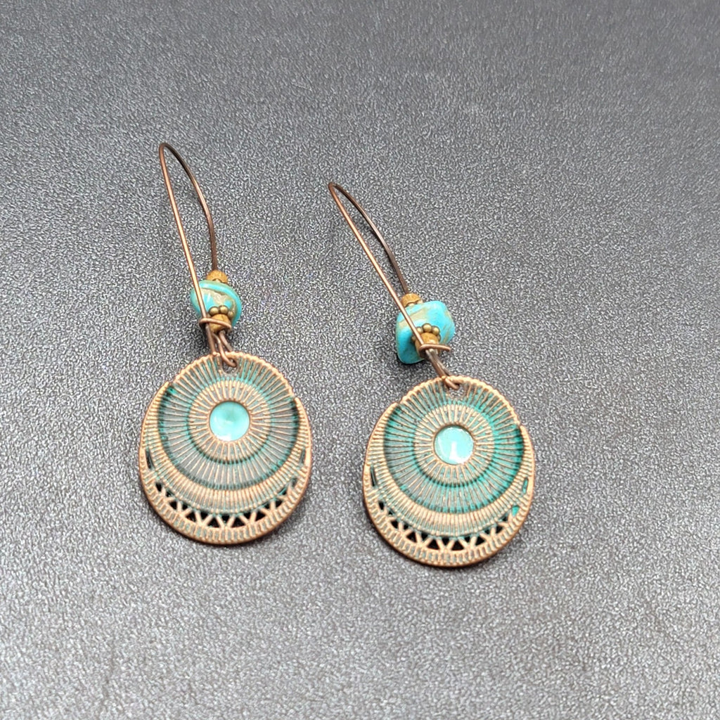 New Boho Pierced Earrings Faux Green Patina Copper tone Turquoise Bead 2.5"