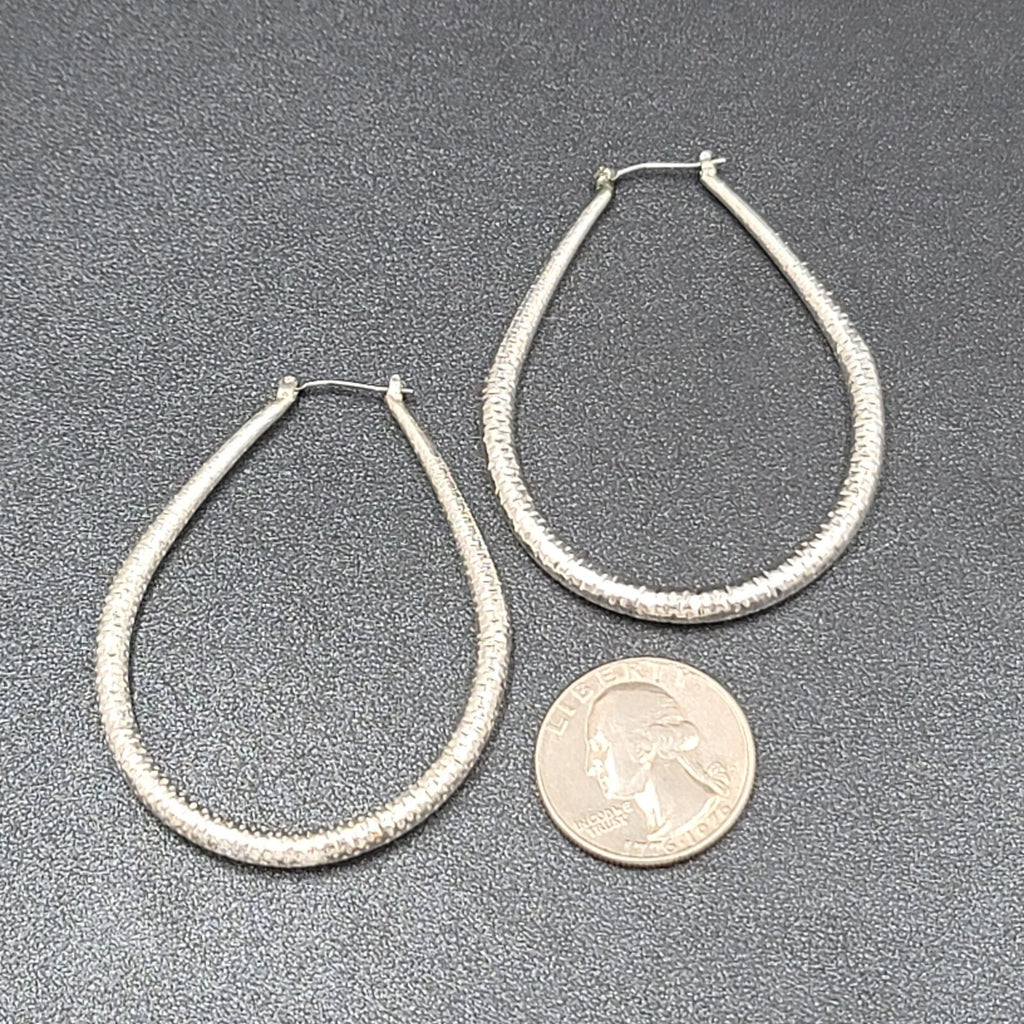 Pierced Earrings Silver tone Large Textured Hoops Teardrop Dangle 2.25"