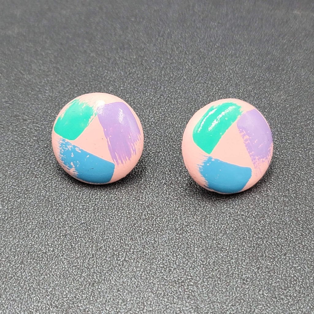 Vintage Pierced Earrings Pink Teal Blue Purple Round 7/8"
