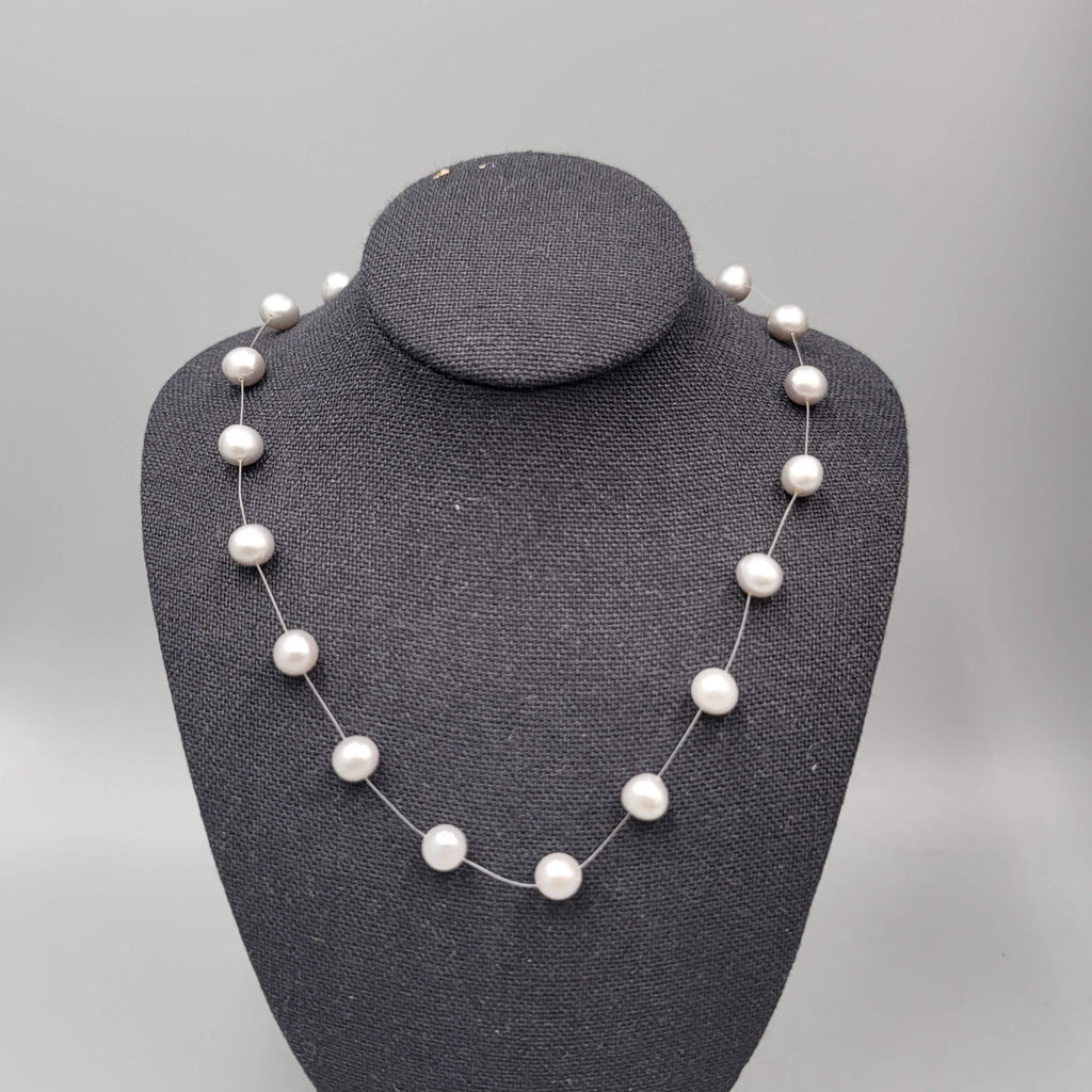 Sterling Silver Real Gray Pearl Station Necklace 16"