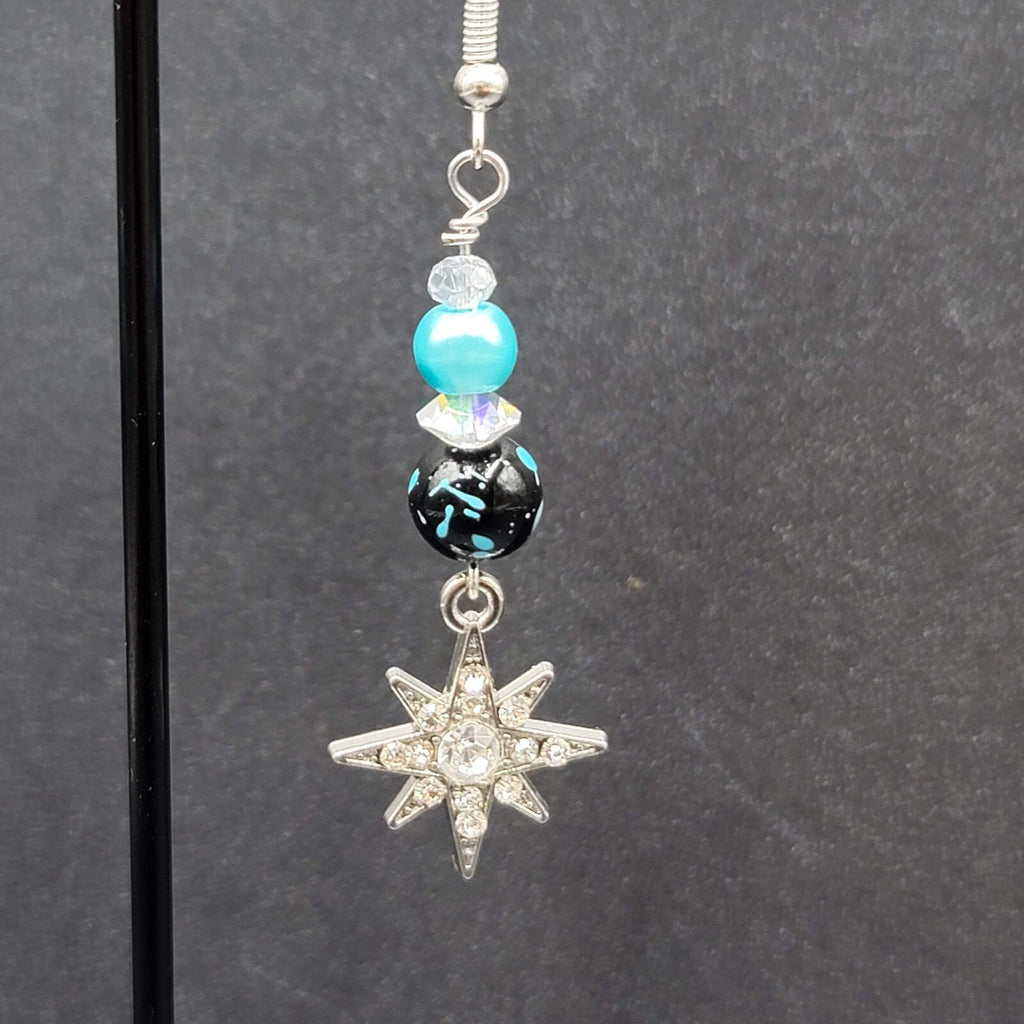 Pierced Earrings Silver tone Blue Bead Rhinestone Star Dangle 1.75"