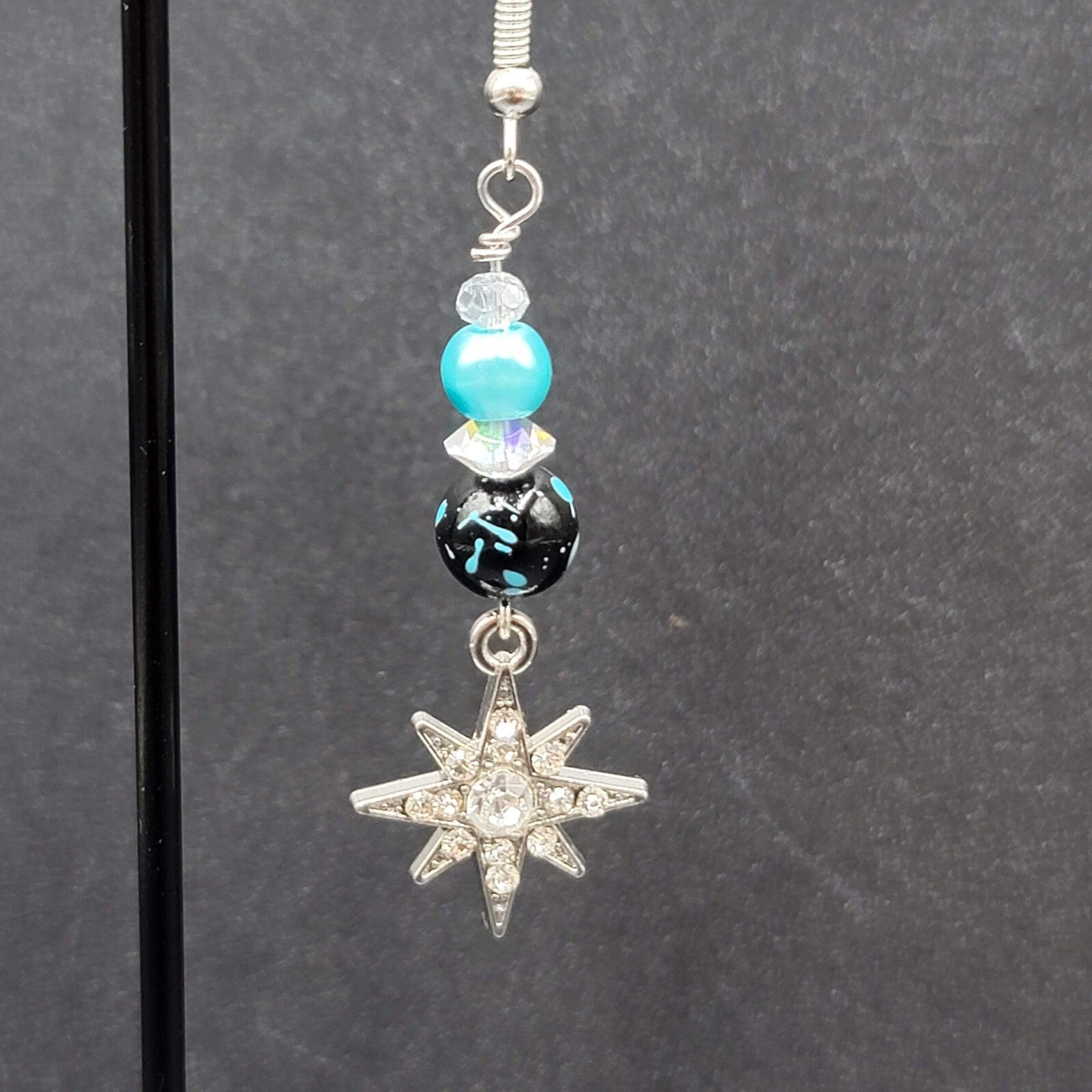 Pierced Earrings Silver tone Blue Bead Rhinestone Star Dangle 1.75"