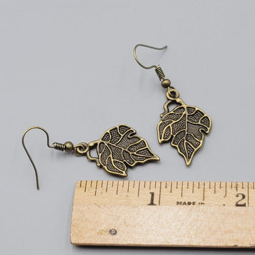 Autumn Leaf Embossed Pierced Earrings Bronze tone Dangle 1"