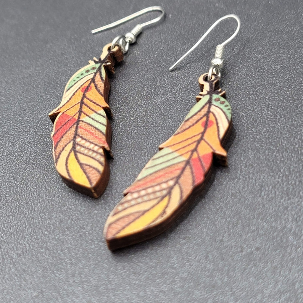 New Boho Pierced Earrings Wood Cut Feather Multicolor Dangle 2"