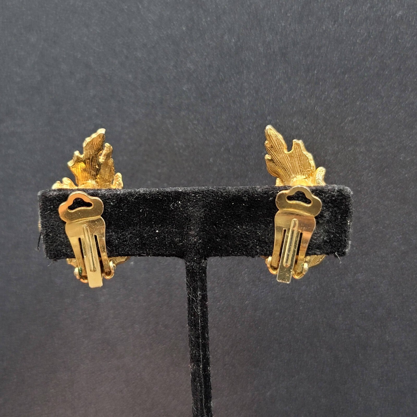 Vintage ART Clip on Earrings Gold Plated Wood Beads Leaf Design Climber 1.25"