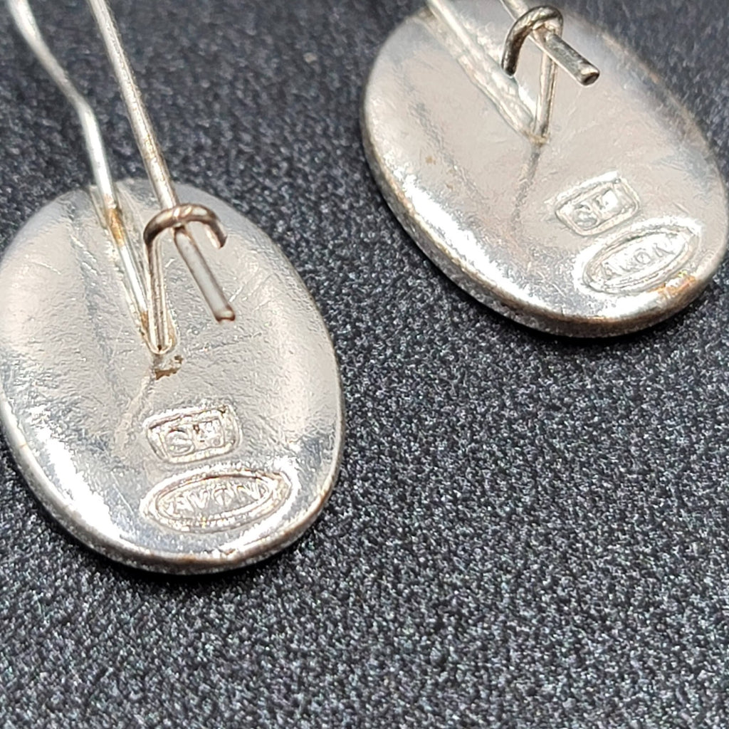 Avon Pierced Earrings Silver tone White Shell Inlay Oval Dangle 3/4"