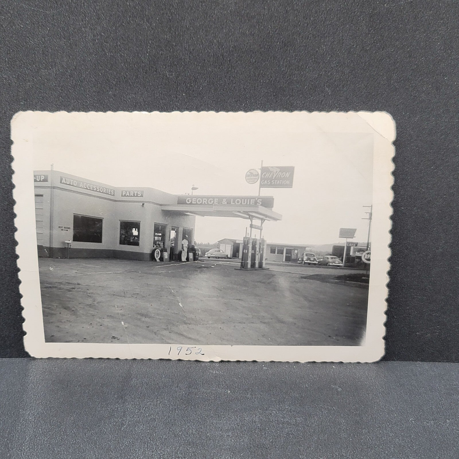 Vintage Photo Chevron Gas Station Garage 1952 Black & White OOAK 5" x 3.5"