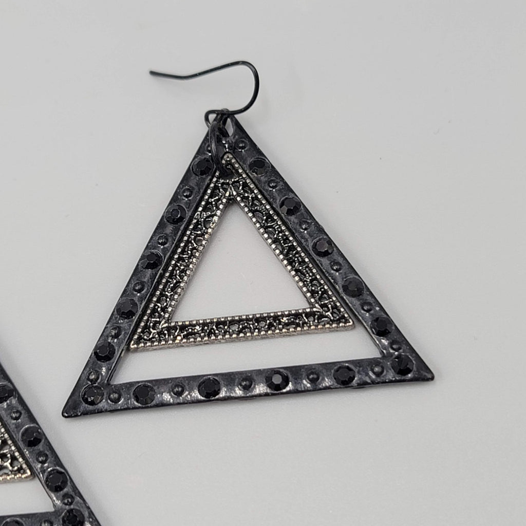 Black Enamel Double Triangle Pierced Earrings Dangle 1.75"