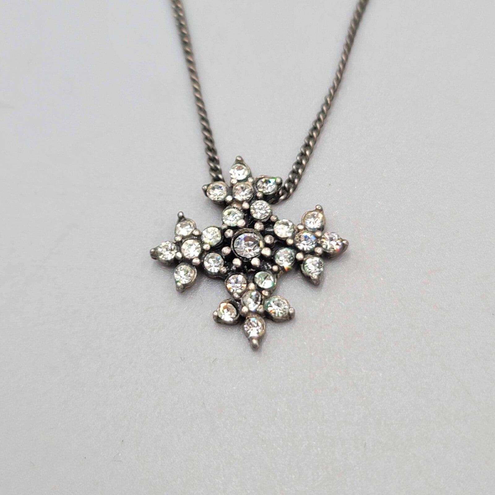 Crystal Flower Snowflake Necklace Silver tone Dainty 16"+