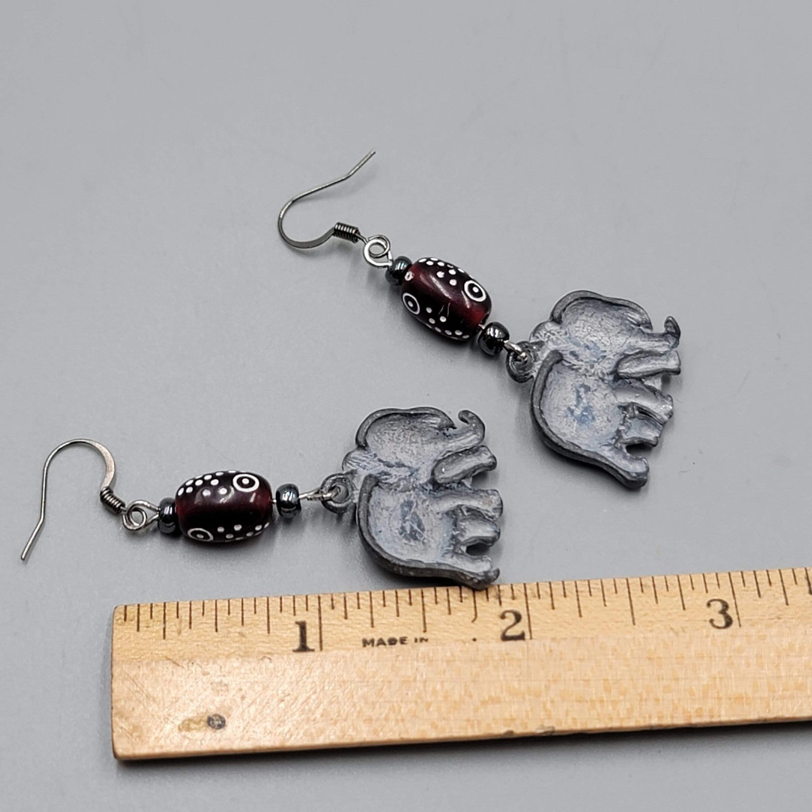 Elephant Pierced Earrings Silver tone Dangle Red Bead  1.75"