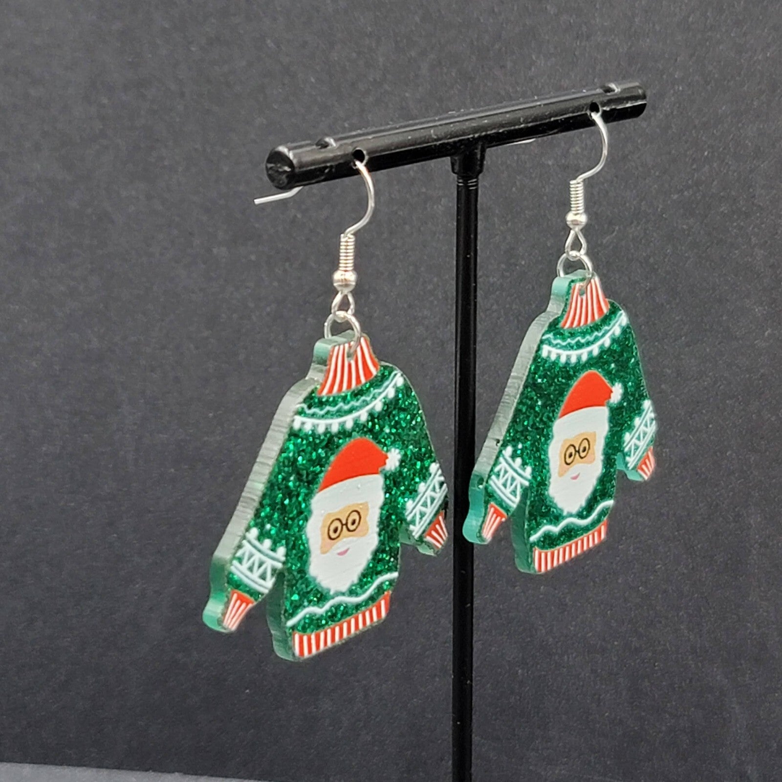 New Pierced Earrings Ugly Christmas Sweater Green Santa Claus Dangle 1.5"