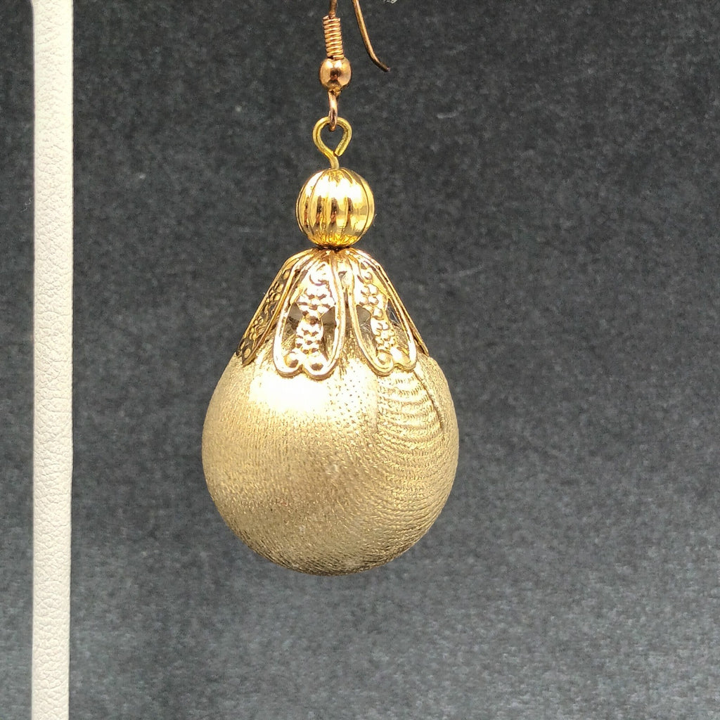 Pierced Earrings Gold tone Christmas Ornament Fabric Wrapped Ball Dangle 1 3/4"