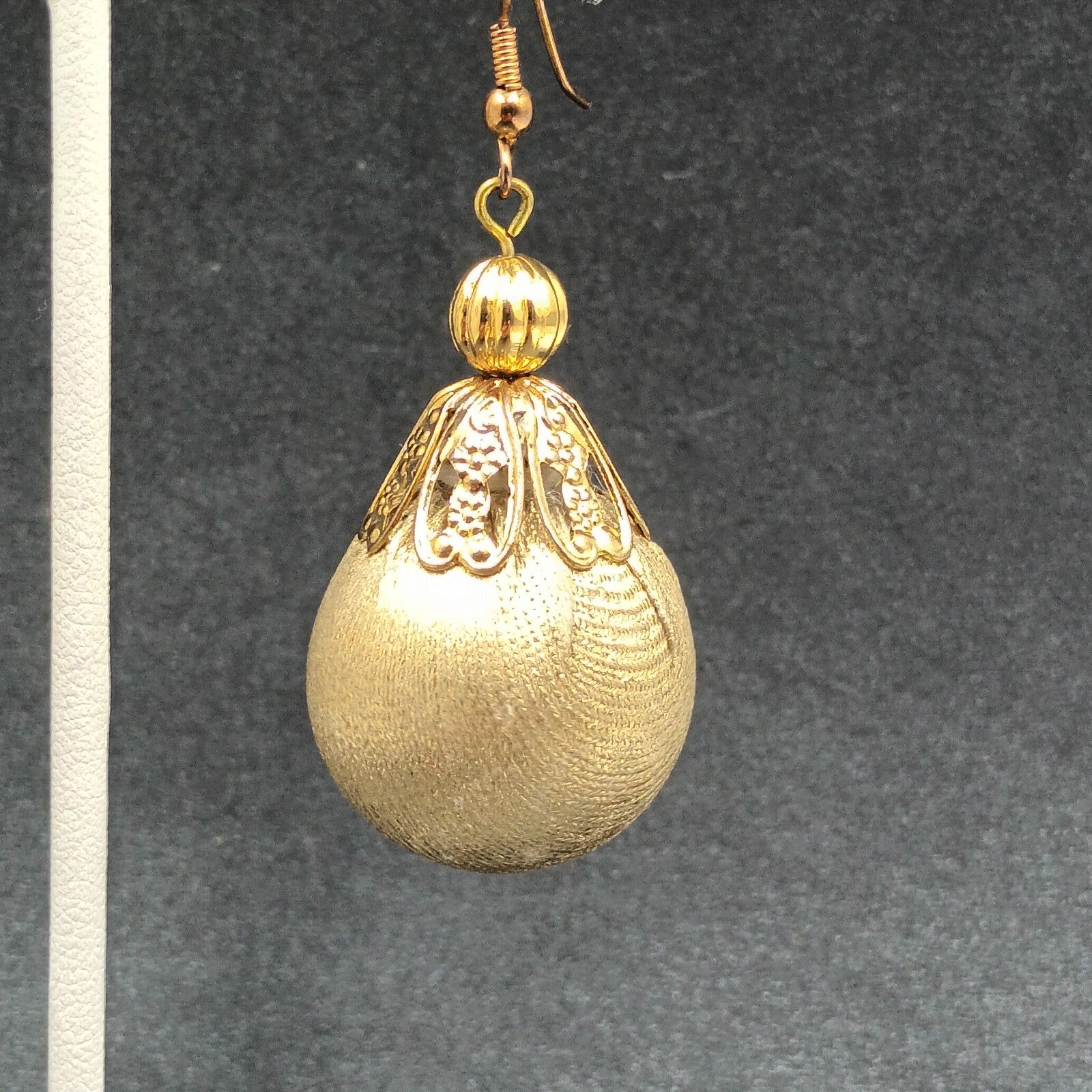 Pierced Earrings Gold tone Christmas Ornament Fabric Wrapped Ball Dangle 1 3/4"