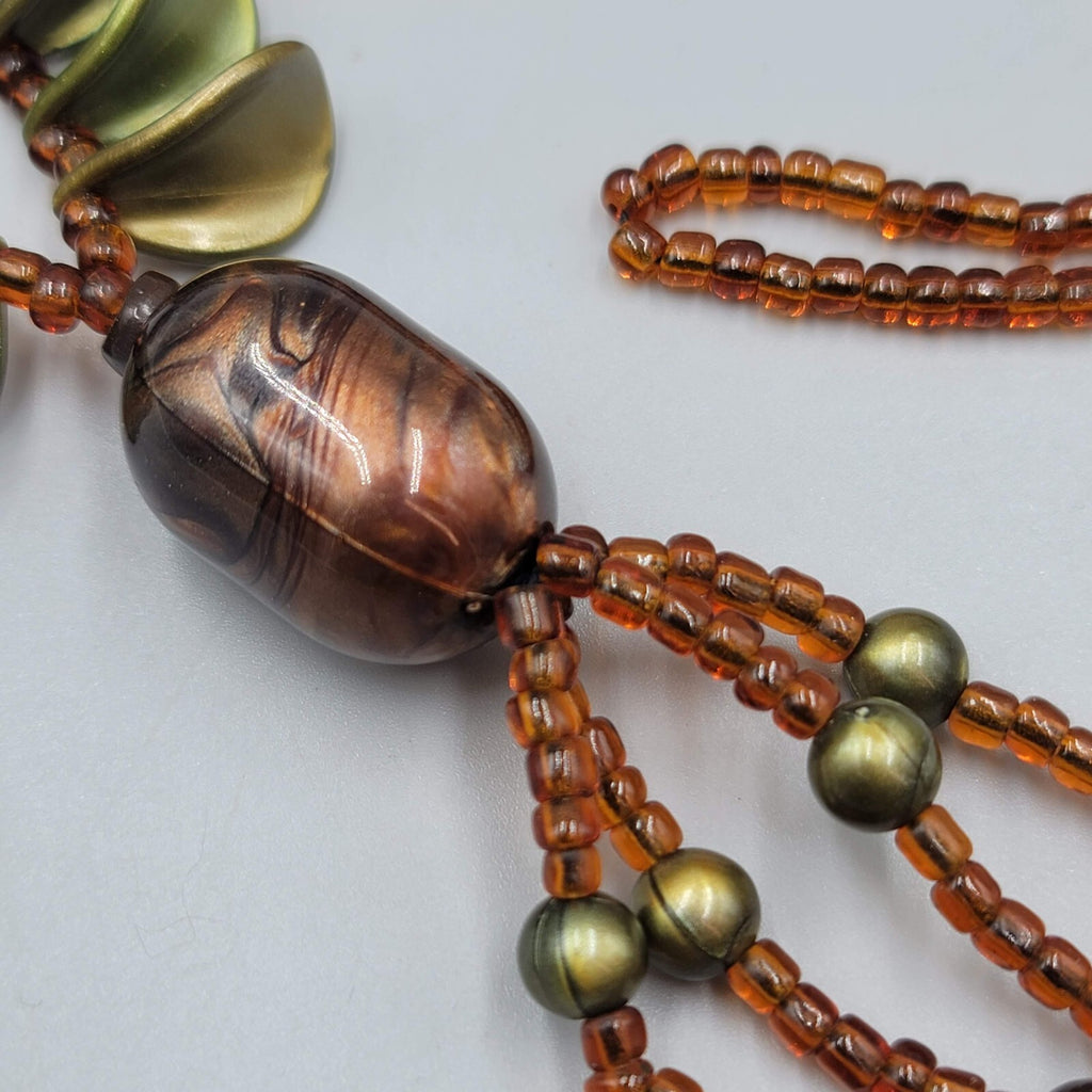 Tassel Bead Necklace Brown Green Resin and Glass Seed Beads 32"