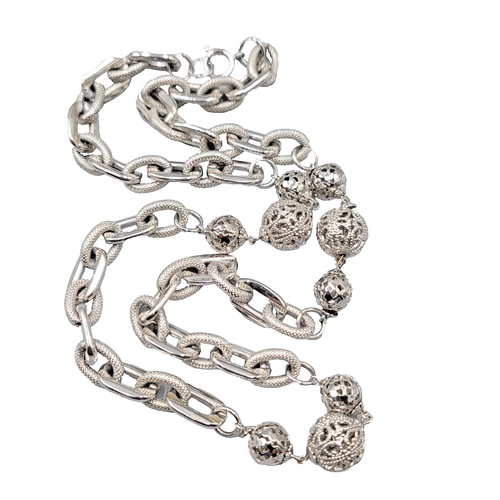 Chunky Retro Chain Necklace Filigree Beads Textured Silver tone 30 in