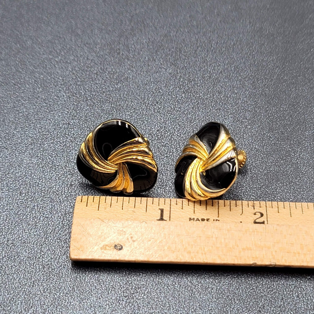 Vintage Napier Clip on Earrings Gold tone Black Enamel Screw Back 7/8"