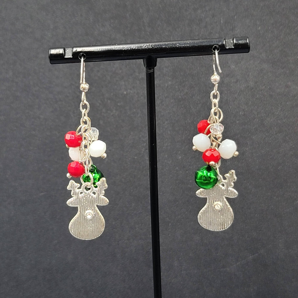 Christmas Pierced Earrings Silver tone Reindeer Jingle Bells 2"