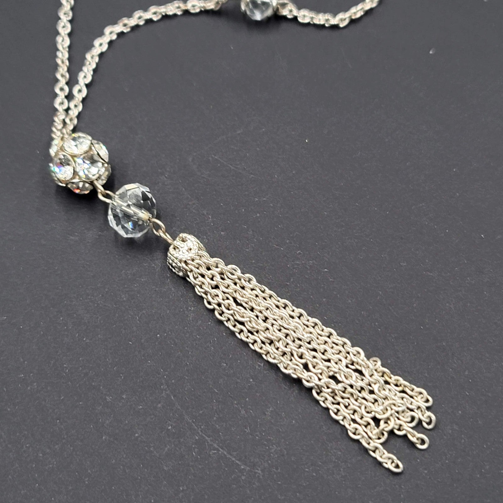 Long Chain Tassel Necklace Silver tone Rhinestone Accent 28"