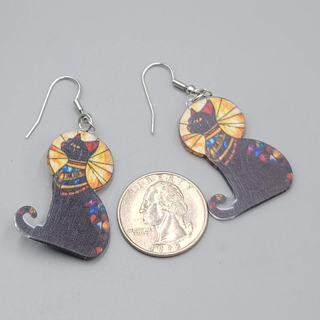 Egyptian Kitty Cat Sun Ray Pierced Earrings Stained Glass Look Acrylic 1.5"