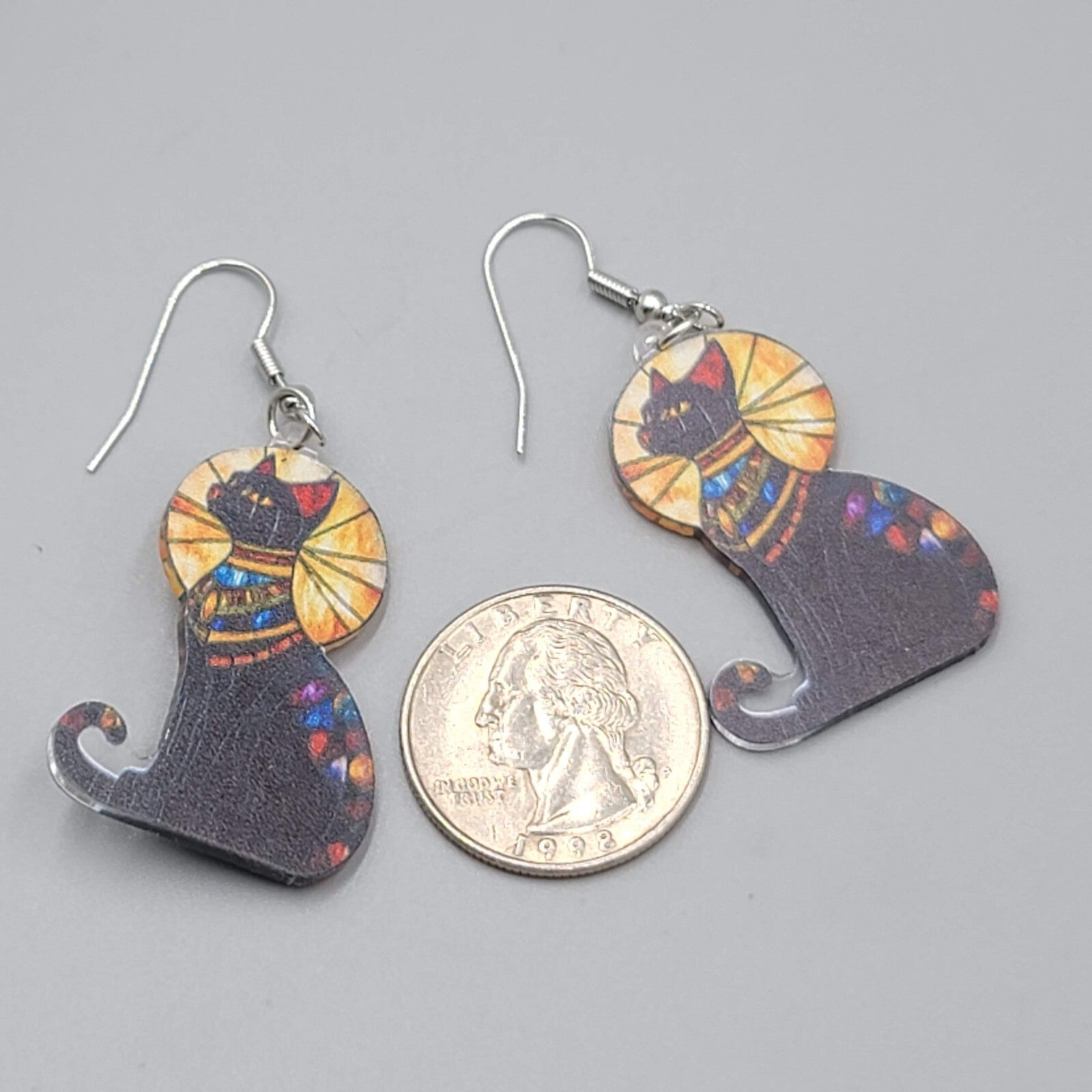 Egyptian Kitty Cat Sun Ray Pierced Earrings Stained Glass Look Acrylic 1.5"