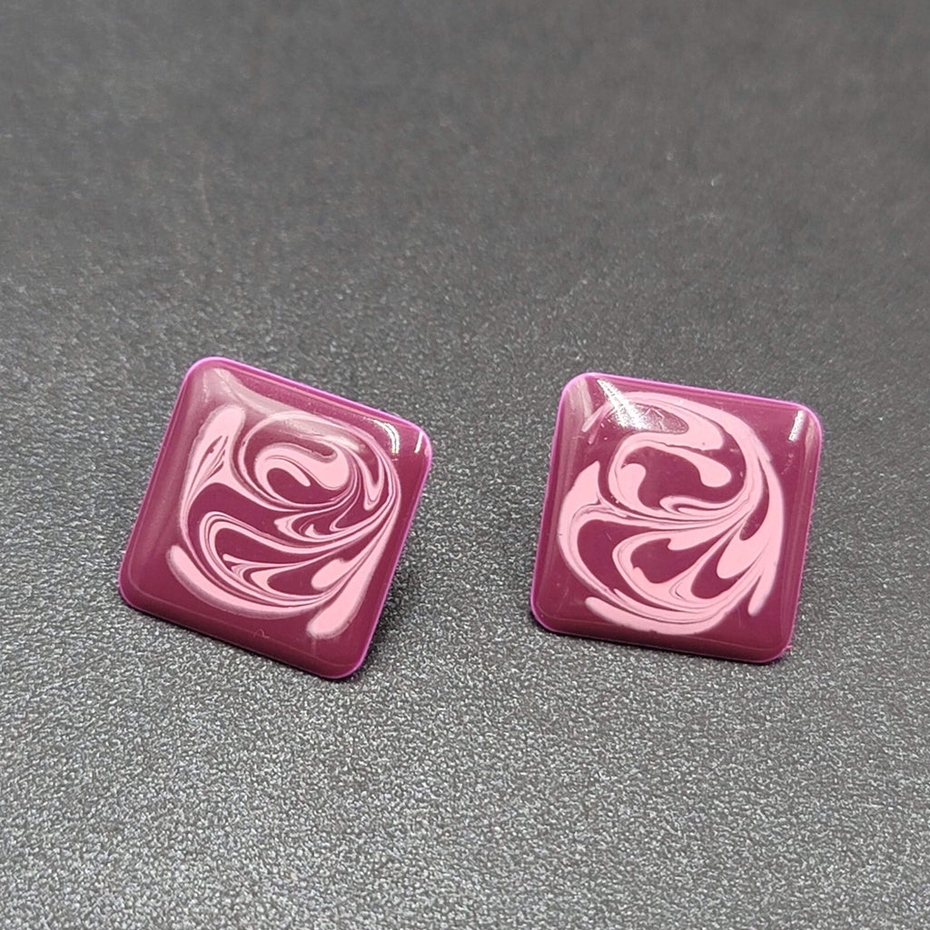Vintage Pierced Earrings Purple Swirl Enamel over Metal Square Drop 1"
