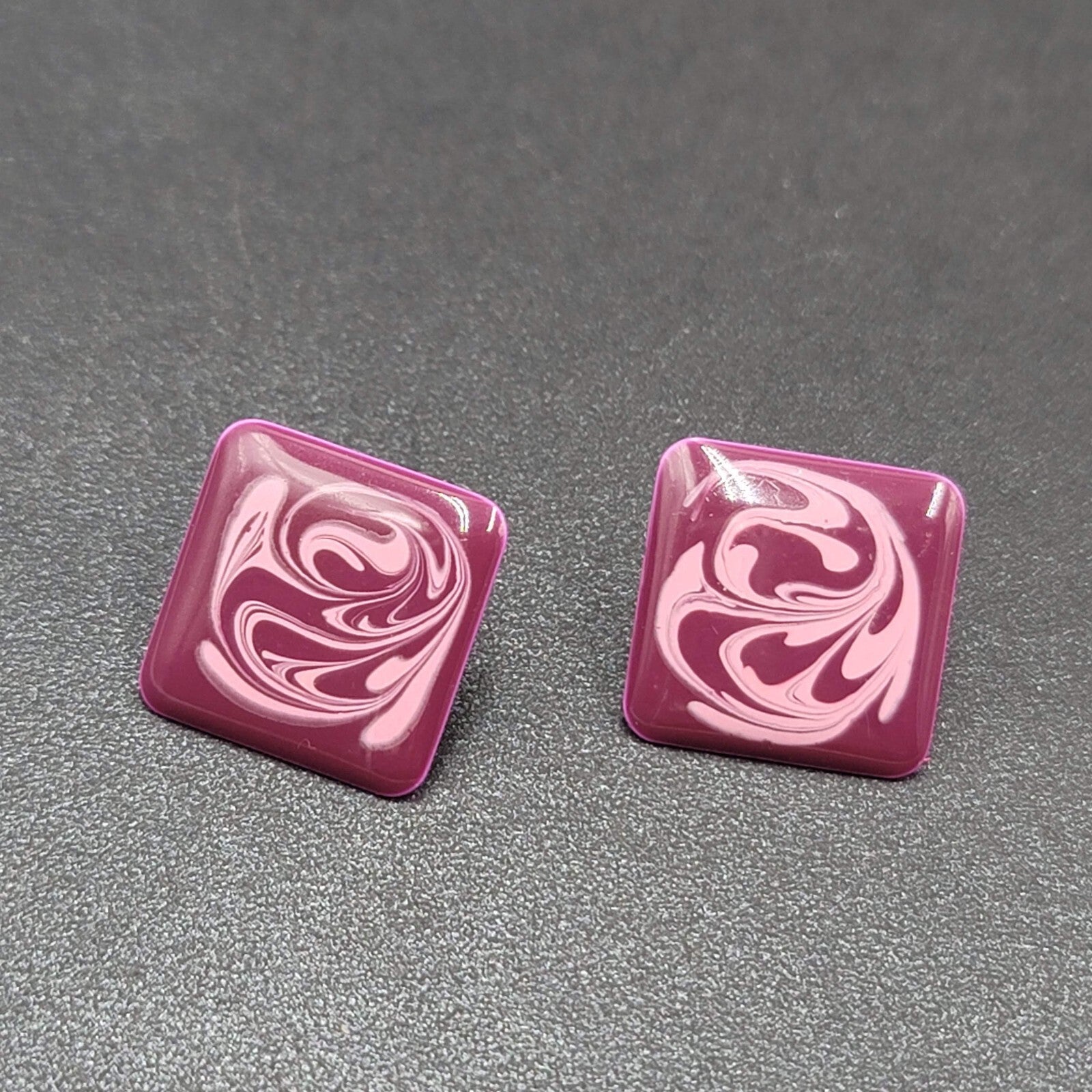 Vintage Pierced Earrings Purple Swirl Enamel over Metal Square Drop 1"