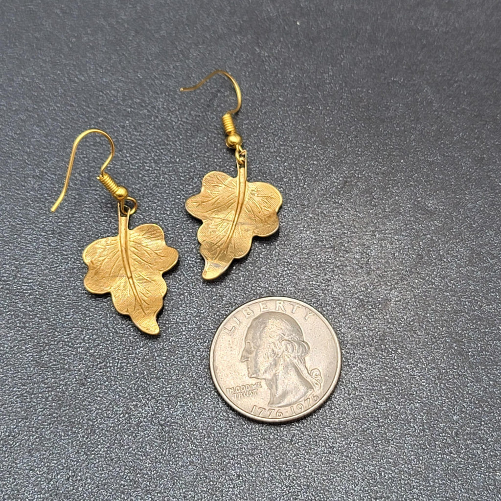 Pierced Earrings Brushed Gold Plated Dangle Detailed Leaves 1 1/8"