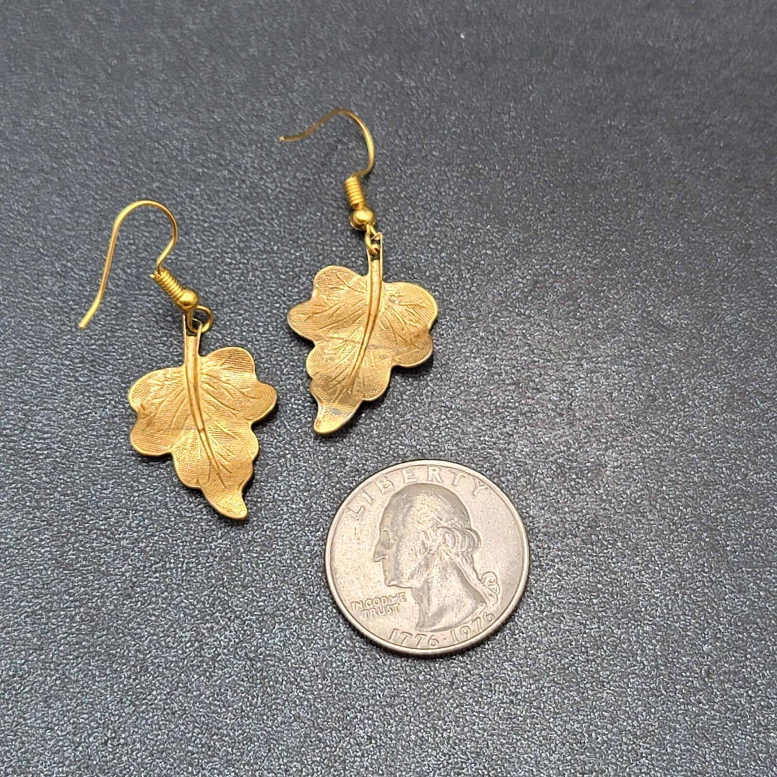 Pierced Earrings Brushed Gold Plated Dangle Detailed Leaves 1 1/8"