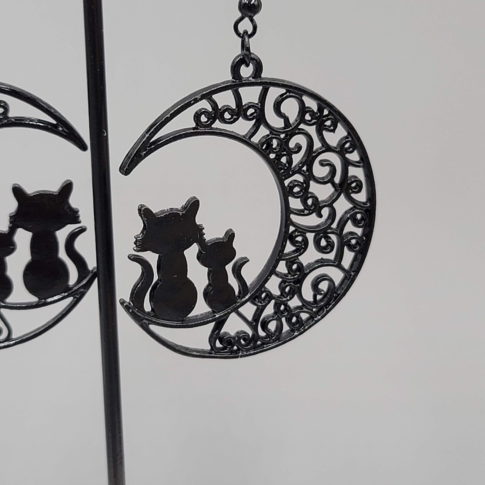 Cat Pierced Earrings Moon Black Enamel Silhouette Dangle 1 5/8"