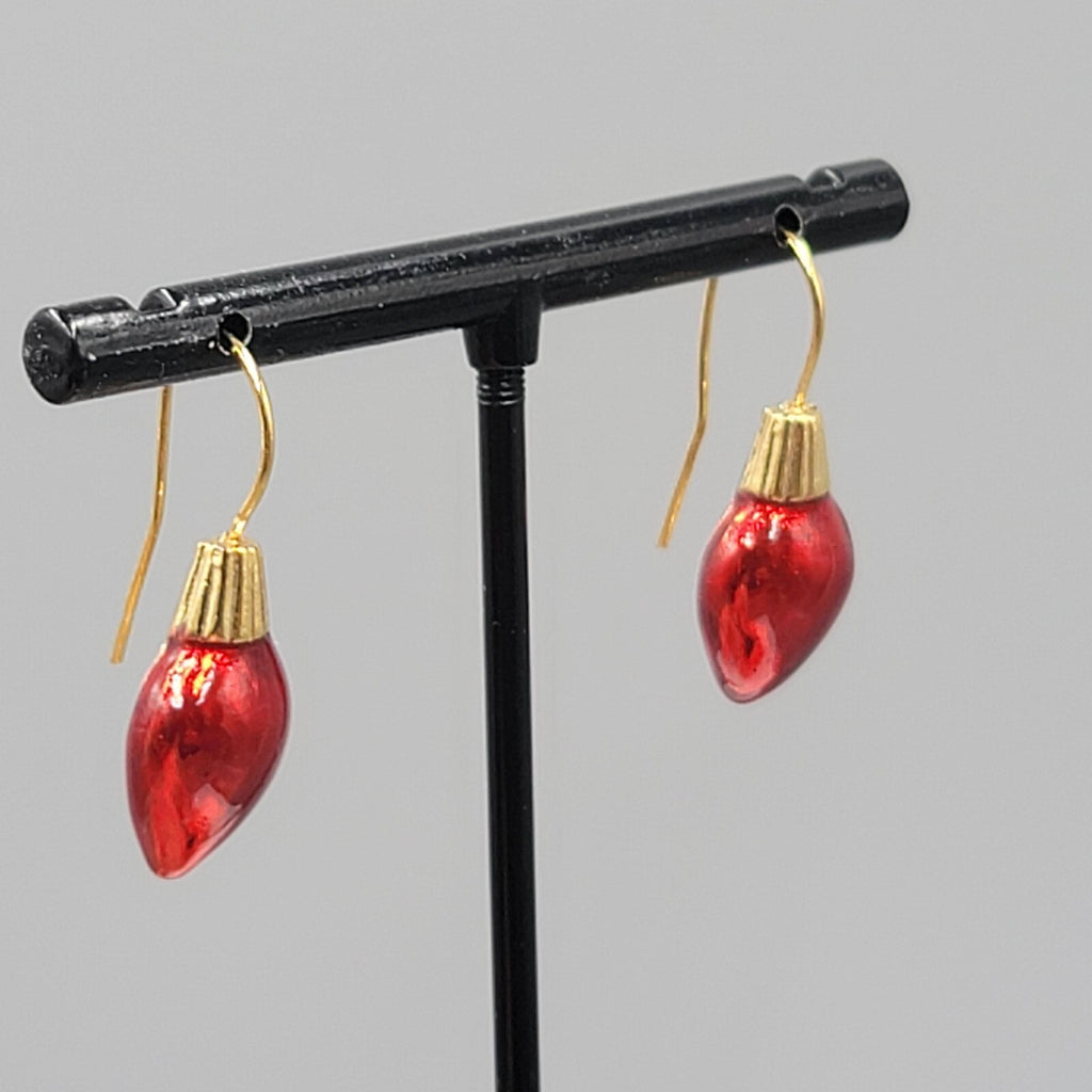 Christmas Bulb Pierced Earrings Gold Plated Red Enamel 3/4"