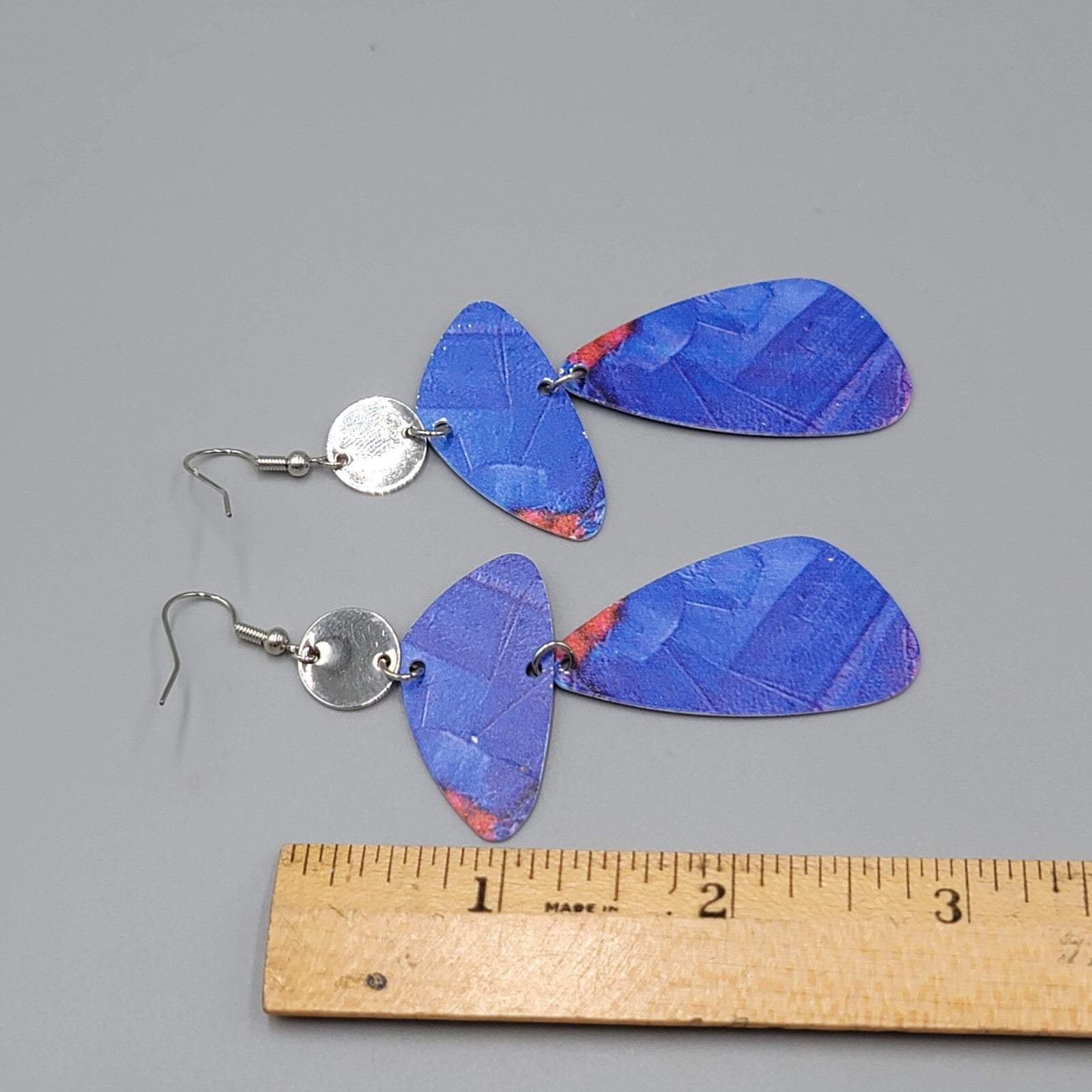 Long Statement Pierced Earrings Silver tone Blue Geometric Statement Dangle 3"