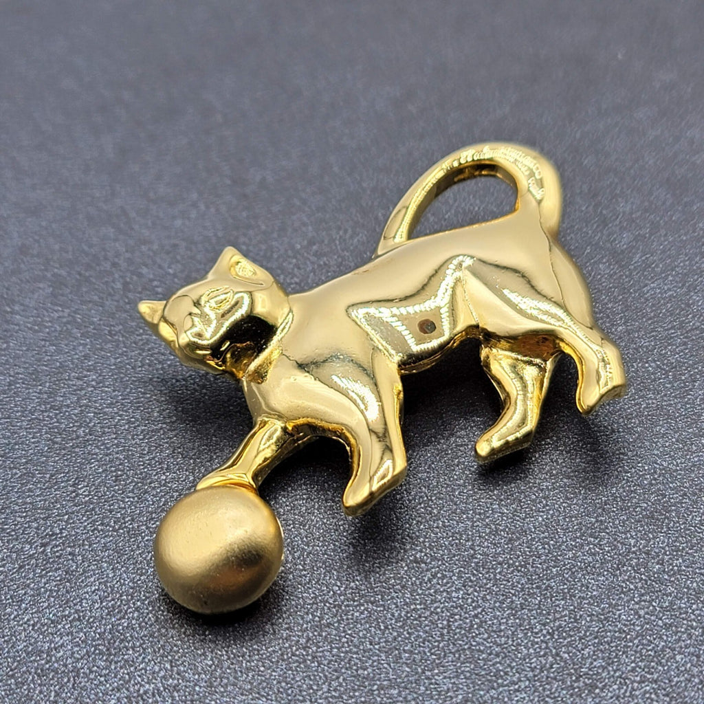 Vintage Brooch Gold Plated Cat Kitty Playing with Ball Polished 2.5"