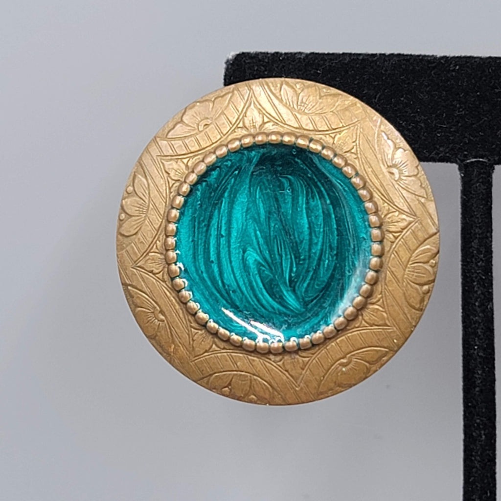 Large Round Pierced Earrings Bronze tone Green Swirl Enamel Drop 1 5/8"