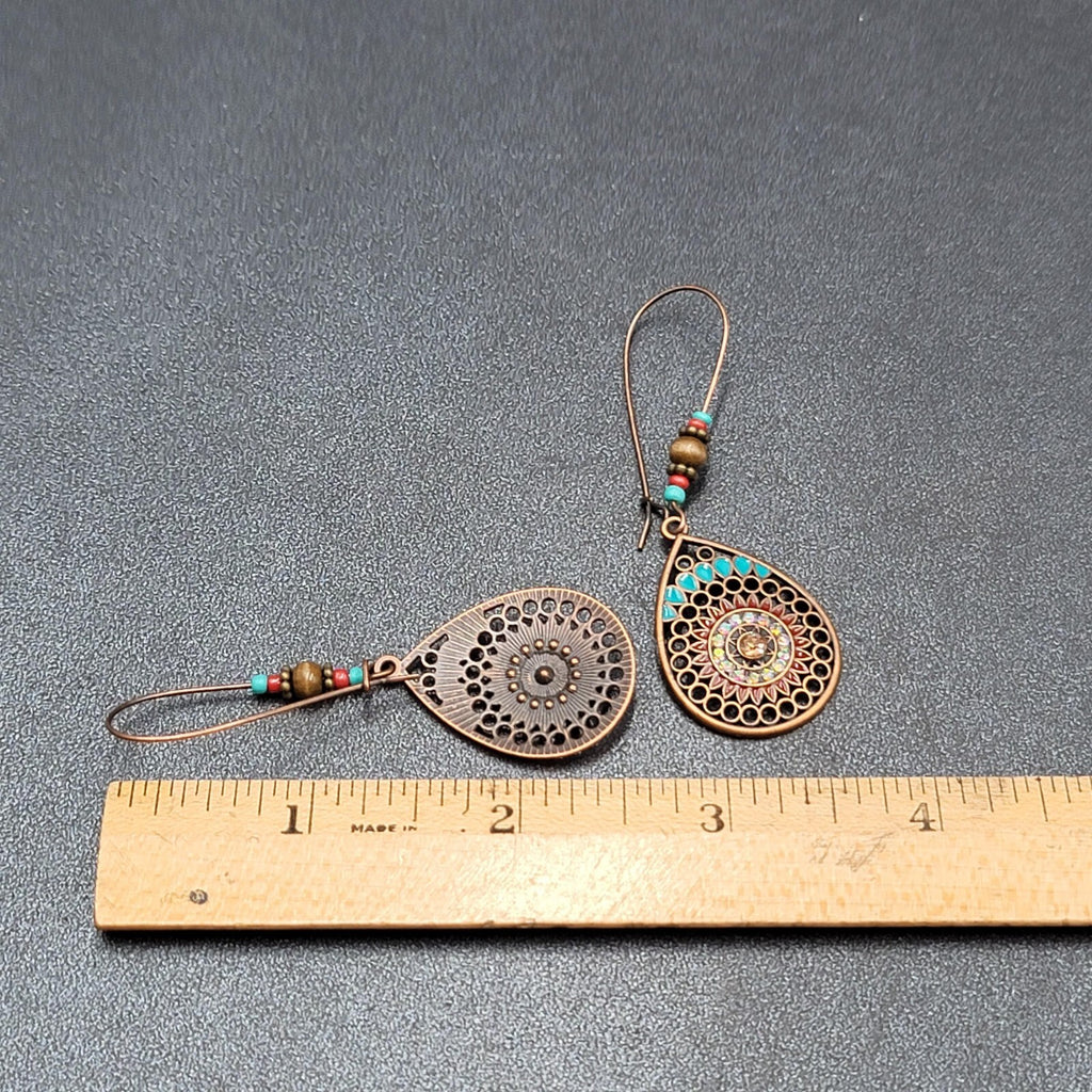 New Boho Pierced Earrings Copper tone AB Crystal Beaded 2 5/8"