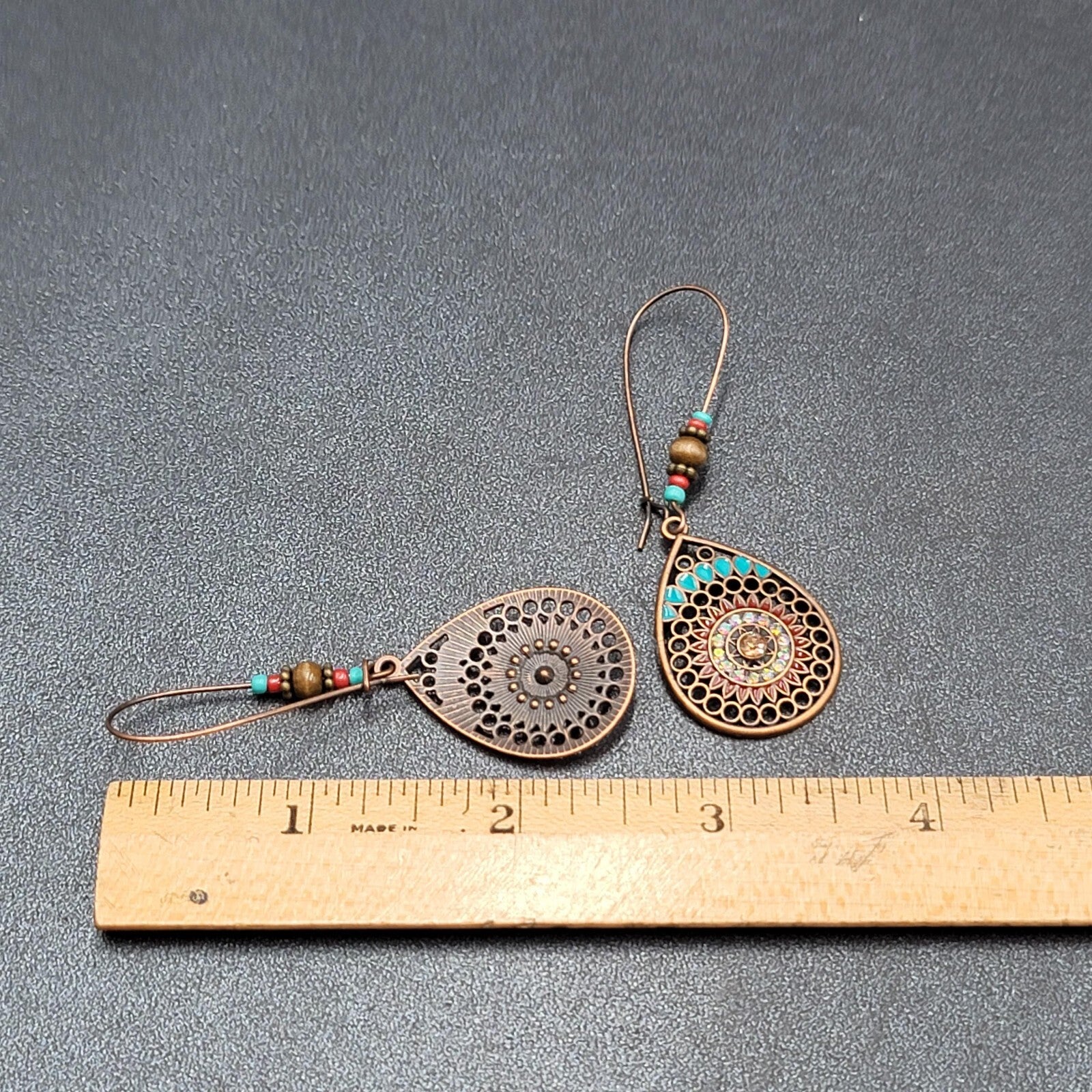 New Boho Pierced Earrings Copper tone AB Crystal Beaded 2 5/8"