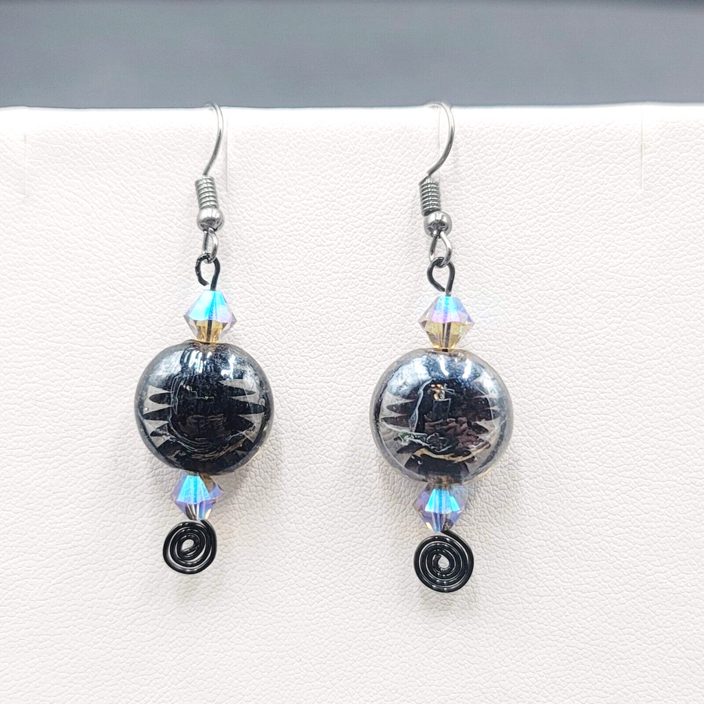Pierced Earrings Black Art Glass Bead Crystal Black Wire Dangle 1.5"