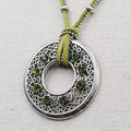 Green Necklace Silver tone Felt Rhinestone Circle Pendant  16"-18"