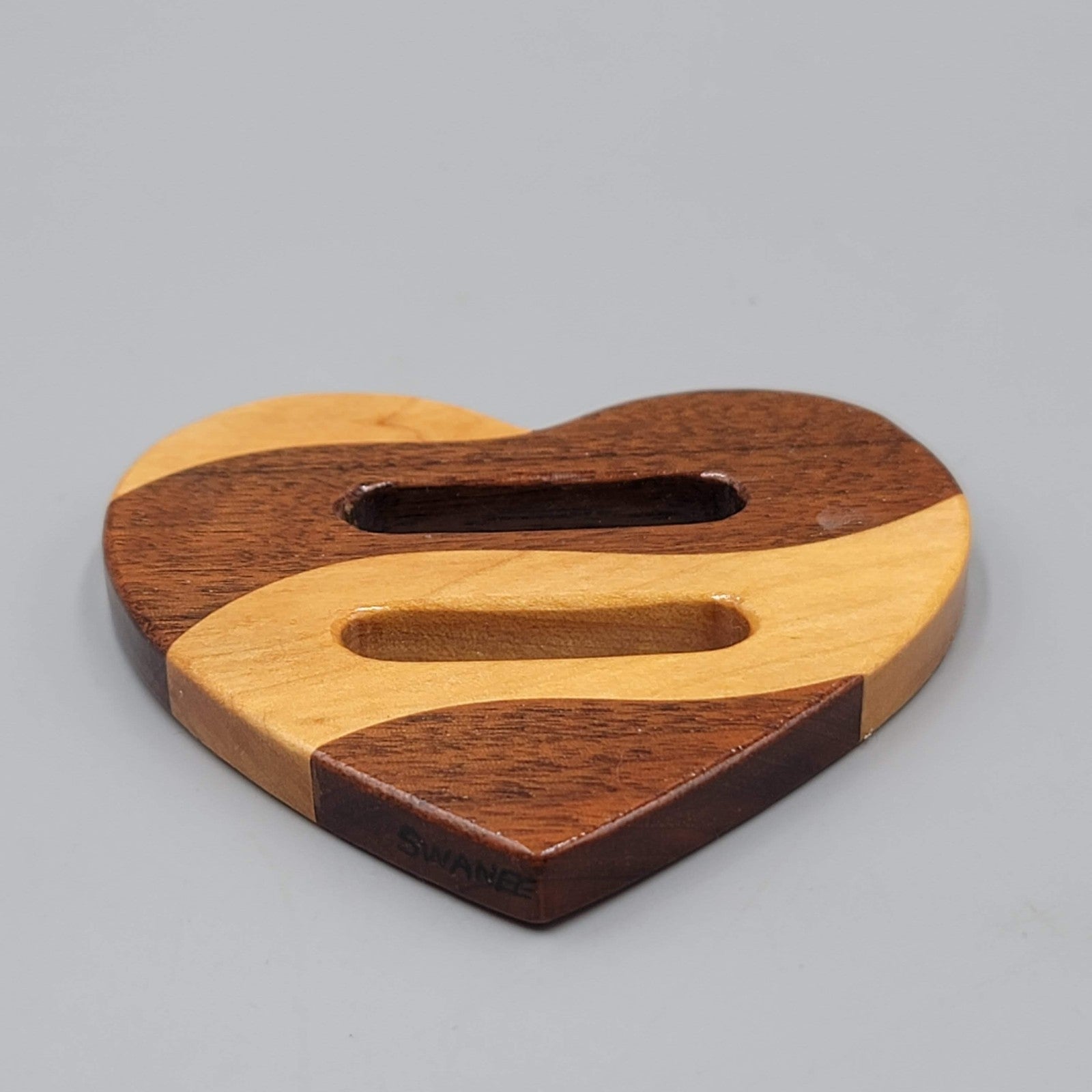 Swanee Handmade Wooden Heart Scarf Slide Maple Walnut Shirt Tail 3"