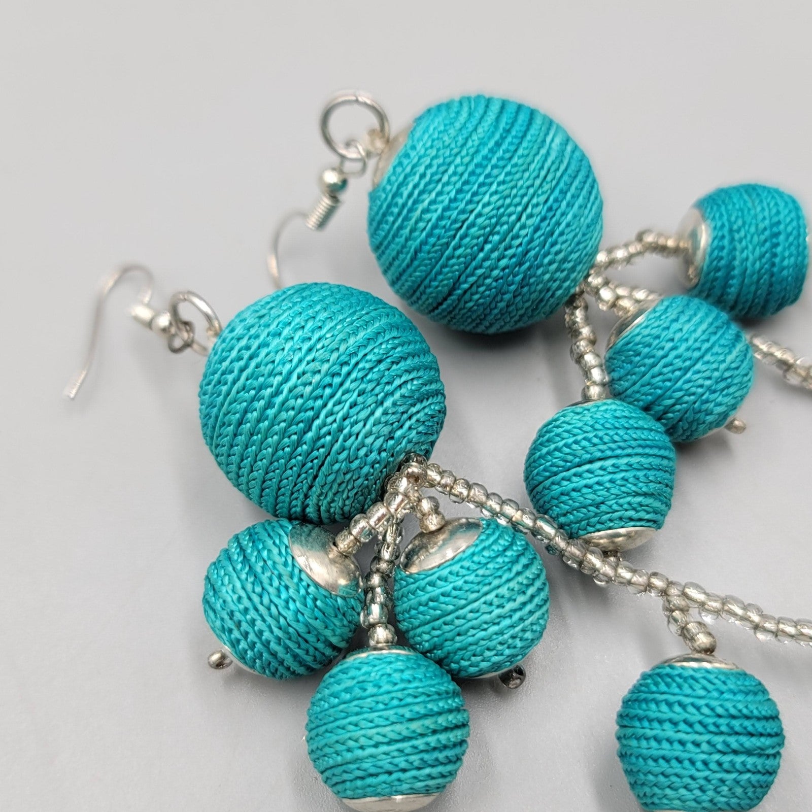 Statement Blue Thread Wrapped Beaded Dangle Earrings Silver Tone 5.5"